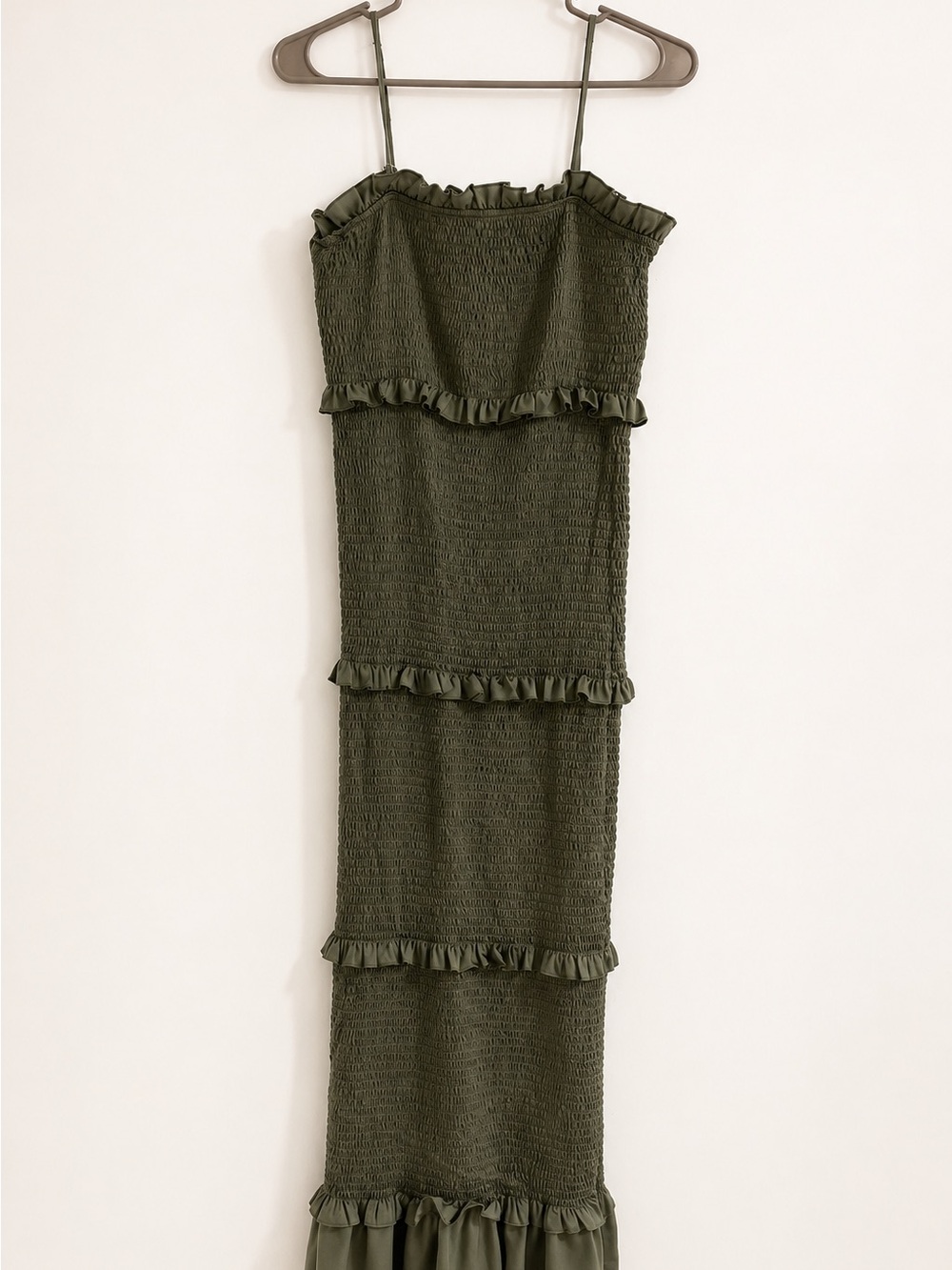 Smocked Olive Green Ruffle Maxi Dress with Spaghetti Straps
